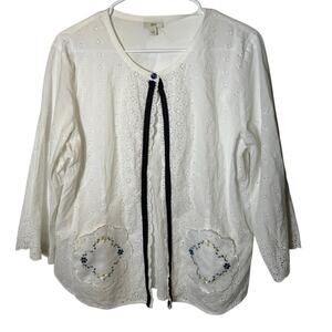 Vtg 90s J Jill Rare HTF Cottagecore White Eyelet Embroidered Doily Pocket Top L